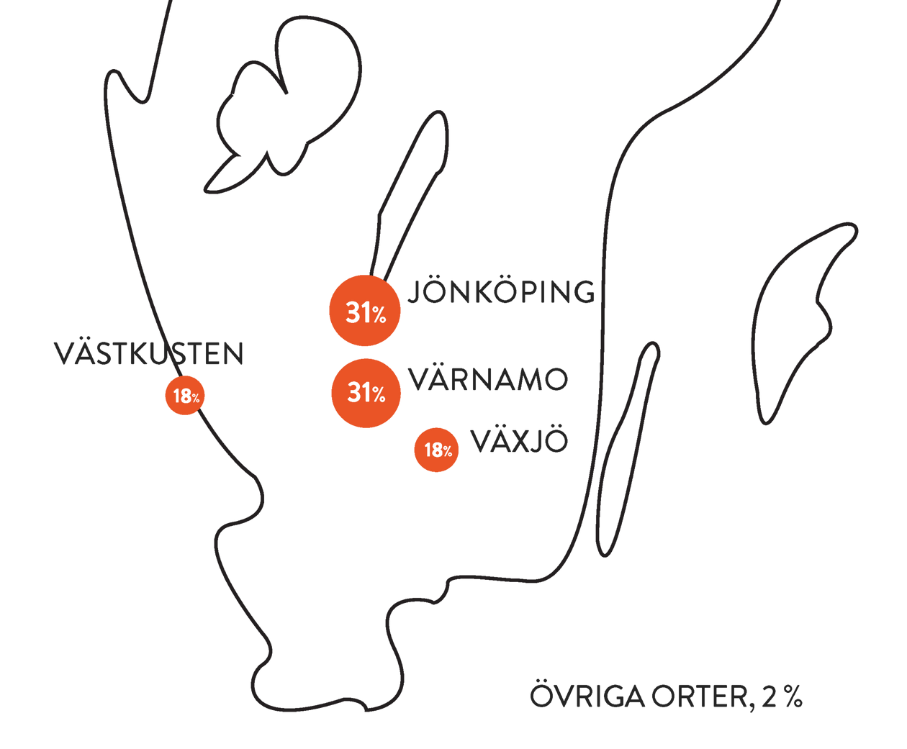 Karta över södra Sverige som visar vilka orter Nivika Fastigheter har verksamhet i. 