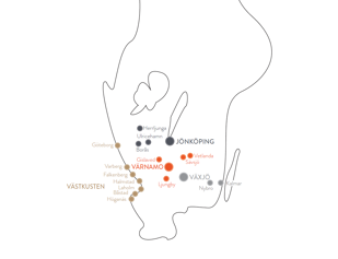Karta över de orter som Nivika Fastiogheter AB (publ) Äger och förvaltar fastigheter i.
